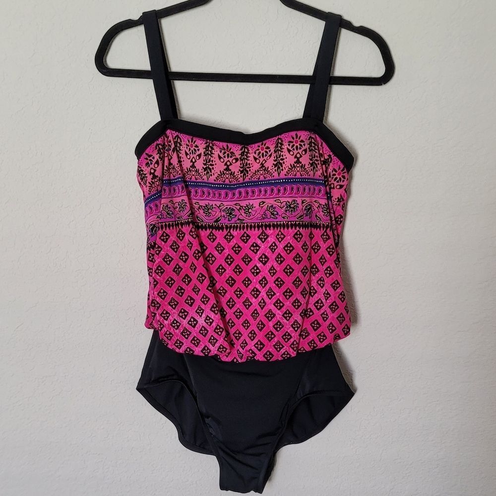 Maxine of Hollywood Pink and Black Patterned Swimsuit Sz 12